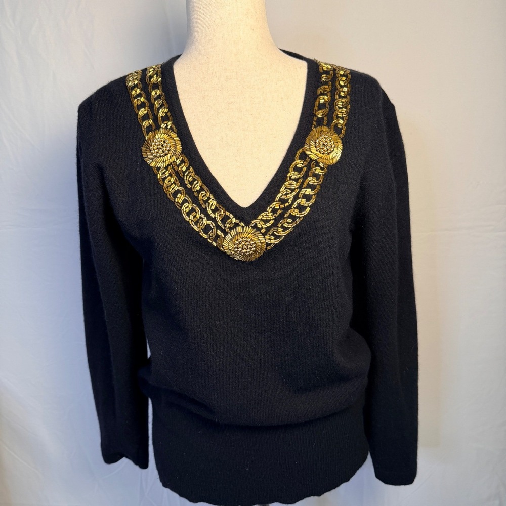 Vintage Semplice Black Lambswool Angora Beaded V-Neck Sweater Gold Medallion M